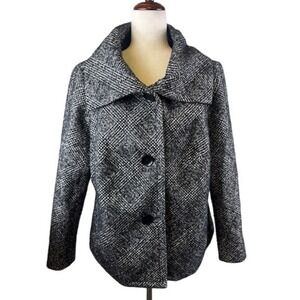 Talbots Womens‎ Black & White Plaid Tweed Wool Blend Coat Jacket Blazer Size 14W